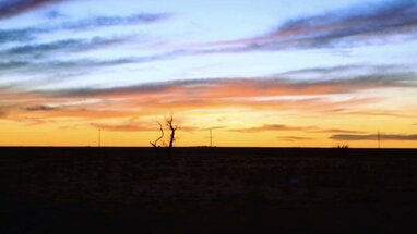 Sunset and open land.